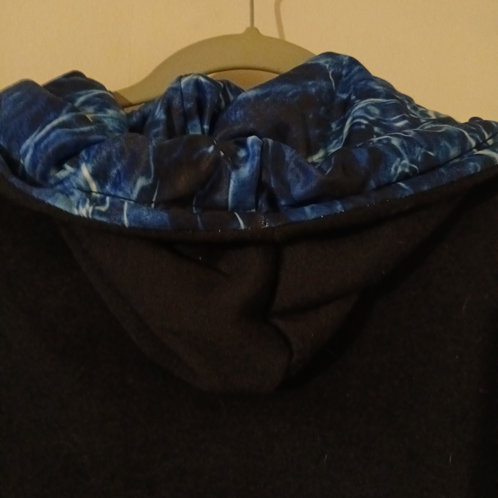Black Hoodie with Tie Dye Blue Design Flag & Hood. - Picture 3 of 9